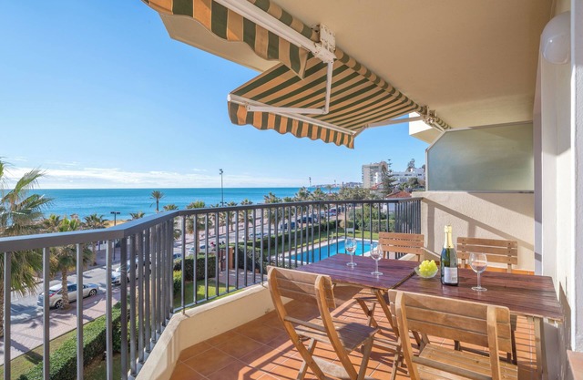 Beachfront Apartment with Sea View, Pool, Garden, Terrace, Balcony, A/C & Wi-Fi