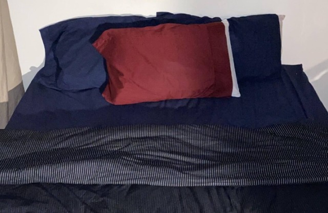 Beds in living room space blocked off by curtains!