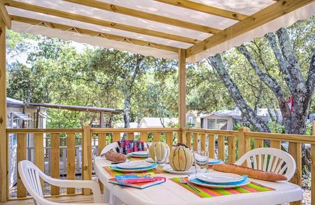 Flower Camping le FONDESPIERRE * - Mobil-home Standard - 26m2 (2 bedrooms - air conditioning - TV) covered terrace 4 people