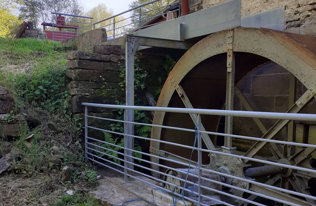 Former flour mill with pond on wooded grounds
