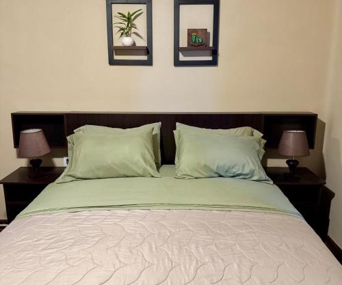 habitación doble, cama queen, terraza y plantas