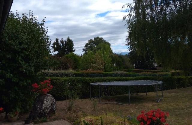 Large double room, balcony, and view of large garden and the Alps