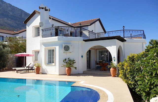 Luxury villa and private pool with spectacular mountain background and sea views