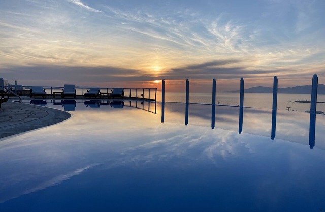 Mykonos Villa luminosa, private pool with sunset view.