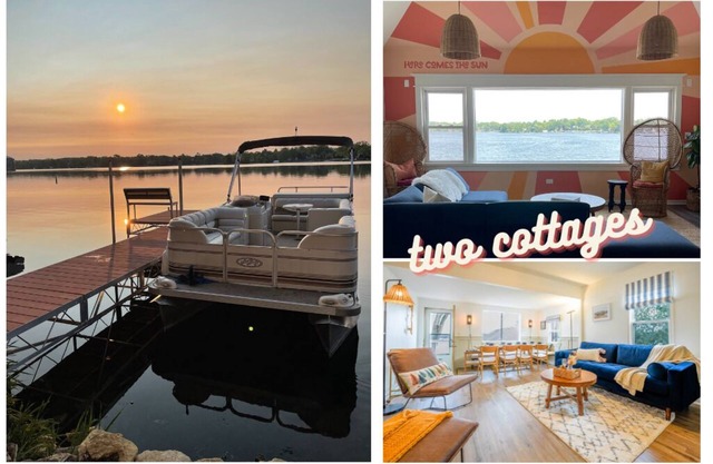 Pet Friendly 2 Lakefront Cottages with Pontoon Boat, Kayaks, Firepit and Sandbar