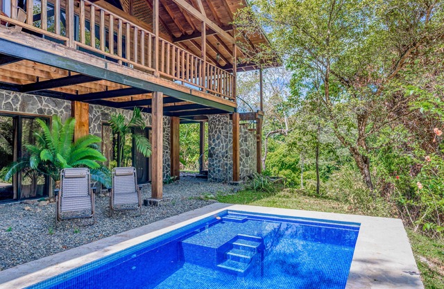 Rustic mountain-view home near the beach with private pool, deck, W/D, & WiFi
