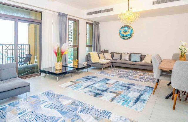 Spacious 2-Bedroom + Maids' Room, Facing Burj Al Arab & Steps from the Beach