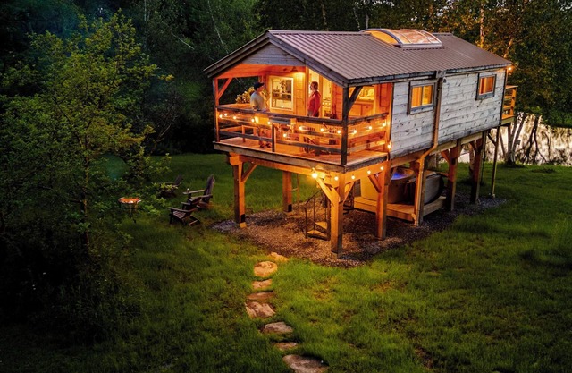 Treehouse lifted up over a stocked trout pond up in the beautiful birch trees!