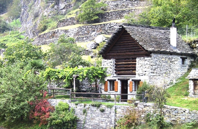 Typical rustico in the rear Maggia Valley on a sunny hillside on the edge of the village
