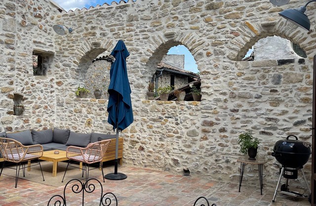 village house with patio