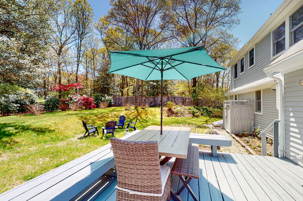 Marstons Mills House | 2-story home with outdoor shower, deck, firepit, grill, enclosed yard, & W/D
