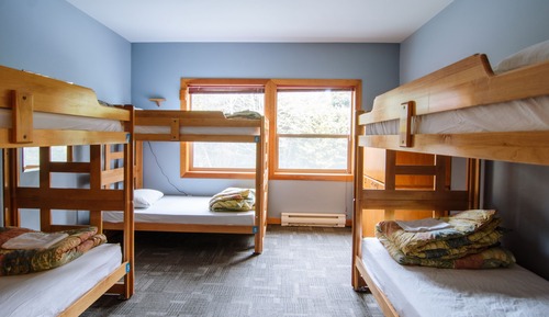 Private room with 6 single beds and shared bathrooms