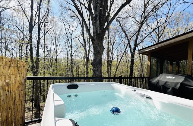 Cozy cabin on wooded 5 acres, close to downtown and amenities. Now with hot tub!